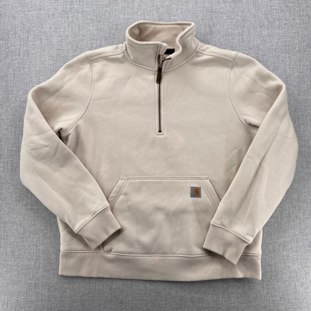 Carhartt Half Zip Sweatshirt Women Large Beige Relaxed Fit Workwear Utility Cozy